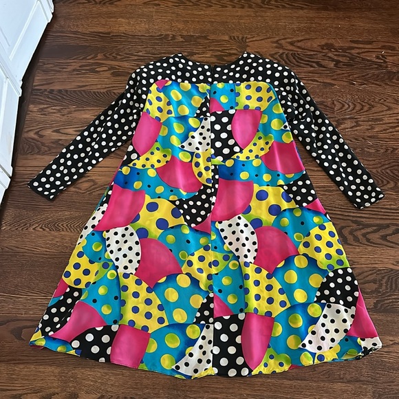 Vintage 80s Pat Argenti Colorful Polka Dot Silk A-Line Dress Size 6 - Picture 3 of 12
